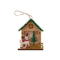Wooden Christmas cabin ornament with reindeer, green tree and golden XMAS lettering - Glitter Wood House LED Light Elk