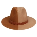 Two-tone wool felt fedora hat in brown and tan gradient style with woven band - Khaki Camel Patchwork With Belt