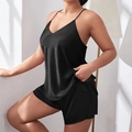 Plus size black satin two-piece lingerie pajama set with camisole and shorts - 4XL / Black