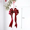 Red velvet Christmas bow ornament with golden glitter edges and hanging ribbon, 9x17cm - Wine Red Flocking Bow