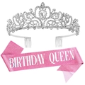 Pink glitter Birthday Queen sash and silver rhinestone tiara set for women and girls - One Size / Set 7 (Silver Crown + Pink Queen Sash)