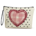 Canvas make-up tas met stippen, roze geruit hart en zwarte rits voor cosmetica - Zwarte Stip Roze Geruit Hart / 17*25cm (Linnen) met Riem