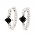 Silver twisted rope hoop earrings with square black gemstone in a minimalist design - Silver Black Gemstone (PDE712)
