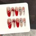 Handgemachte rote Katzenaugen-Nägel mit 3D-Bögen und Schneeflocken-Glitzer zu Weihnachten - Extra Klein (XS) / Rote Raute Schneeflocke Diamant Lange Oval (3449)