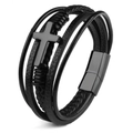 Men's multilayer black braided leather bracelet featuring a matte metal cross and magnetic clasp - Gun Black