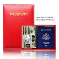 Slim red PU leather passport cover with gold lettering and white stitching details - Red