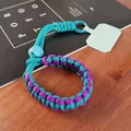 Adjustable paracord wrist strap in blue and purple weave for mobile phones - Short [Purple & Cyan] Adjustable Braided Lanyard + Light Green Patch