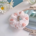 White organza scrunchie with embroidered pink daisy flowers and soft aesthetic style - 1043D Sweet Pink Organza Floral Embroidery