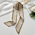 Cream long skinny scarf with brown heart pattern and contrasting border as a hair accessory - Khaki Heart