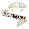 Golden 21st Birthday Set with Rhinestone Tiara and 21 & FABULOUS Glitter Sash - 2# Gold 21 & Fabulous Set
