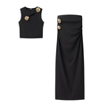 Sexy black two-piece knit set featuring a cropped top with gold flower pins and long skirt - S / Black