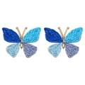 Handcrafted blue raffia butterfly earrings with a golden metal frame for women - Blue Tone Patchwork Fabric Woven Butterfly Earrings