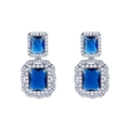 Exquisite silver-tone earrings featuring deep blue emerald-cut crystals with halo pavé setting - Dark Blue