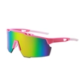 Gafas de ciclismo rosas con lentes reflectantes arcoíris en vista lateral de 45 grados - Montura Rosa Blanco Lente Espejo Verde