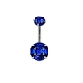 Close-up of 14G stainless steel belly button ring with two blue faceted crystal gems - Style 5 (Four Diamond Round Zircon)