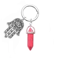 Detail of red hexagonal crystal and silver Hand of Fatima pendant on a keychain - Red Turquoise