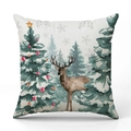 Weihnachtskissenbezug aus Leinen mit Rentier- und Tannenbaummotiv auf weißem Grund - Aquarell Rentier - Weihnachtsbaum Hintergrund