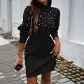 Elegant high neck black knit dress with pearl embellishments and long sleeves - S / Black
