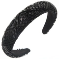 Detail of handmade beadwork with geometric diamond patterns on a black wide headband - Black