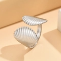 Silver shell motif open ring in stainless steel with textured sea-inspired design - J03313 / Silver