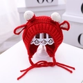 Red knit baby hat with white bunny ears and pompom details for winter warmth - Red Large Antlers - Lined