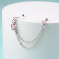 Silver double chain stud earring with pink heart zircon and butterfly wing details - Style 3-Double Chain Heart / Pink