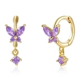 925 silver butterfly earrings with gold plating and purple crystal drop accents - Gold Base Purple Zirconia