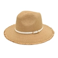 Women's khaki straw fedora hat with a fringed brim and white gold-buckle band - M (56-58cm) / Khaki
