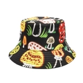 Black bucket hat featuring vibrant colorful mushroom patterns for outdoor sun protection - M (56-58cm) / Trendy Printed Mushroom (41#)