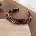 Handmade brown plaid wide headband for women featuring a retro check fabric texture - Coffee Plaid Fabric