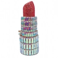 Lipstick-shaped evening clutch bag with red and AB color crystals on a white background - Iridescent Red