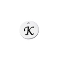 Close-up of polished stainless steel round charm with engraved letter K and top hole - Letter K