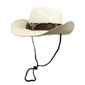 Detail of western straw hat with leather band, silver bull head emblem and wind rope - M(56-58cm) / Creamy White