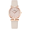 Elegant women quartz watch with rose gold leaf pattern dial and pink leather strap - Beige