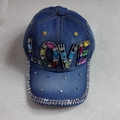 Blue denim baseball cap with colorful rhinestone LOVE logo and silver stud details - Adult, Adjustable / Denim Blue LOVE Colorful Rhinestones