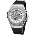 Detail of silver skeleton automatic watch with black rubber strap and mechanical gears - White Skeleton Silver Movement