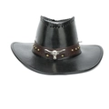 Black leather western cowboy hat with wide brim, silver bull head and gold rivets - One Size / Black