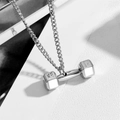 Polished silver titanium steel dumbbell necklace featuring PHL 4:13 engraving on a geometric background - Dumbbell Style (B805)