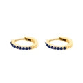 Golden huggie earrings with a row of blue gemstones on a minimalist polished steel band - September Royal Blue - Gold