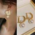 Golden D-shaped hoop earrings with white pearls and elegant zircon accents for women - Letter D Artificial Pearl Drop (E1858 Gold) / 925 Silver Needle / Gold