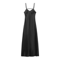 Elegant black satin slip maxi dress with adjustable thin straps and a classic V-neckline - XS / Black