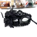 Elegant black masquerade mask with side chiffon flower, sequins and center gemstone - Black