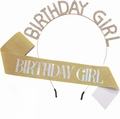 Golden Birthday Girl rhinestone crown headband and glitter sash set for girls - Gold Holographic Set