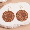 Bohemian mandala print cork drop earrings with geometric circular design and gold hooks - Brown Mandala Flower Round (8#)