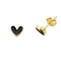 Detailed close-up of heart-shaped gold studs with black enamel and beaded edge texture - Black