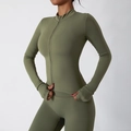 Slim fit olive green yoga set with long sleeve zipper top and high-stretch leggings - S / Army Green