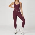 Women's burgundy yoga set with cross high waist leggings and contrast piping details - S / Top And Bottom / Dark Burgundy (Vest + Leggings)