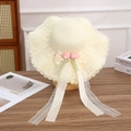 Elegant beige straw sun hat with lace trim, pink tulips and ribbon bow for summer - Tulip Bow - Creamy White