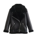 Black faux leather and fur aviator jacket with zipper details and adjustable waist belt - XS / Black