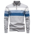 Détail du col à quart de zip et de la texture en maille rayée sur le pull gris pour homme - Gris Color-block